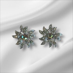 Sarah Coventry Rhinestone Earrings Clip-On Silver Tone Bridal Flower Motif